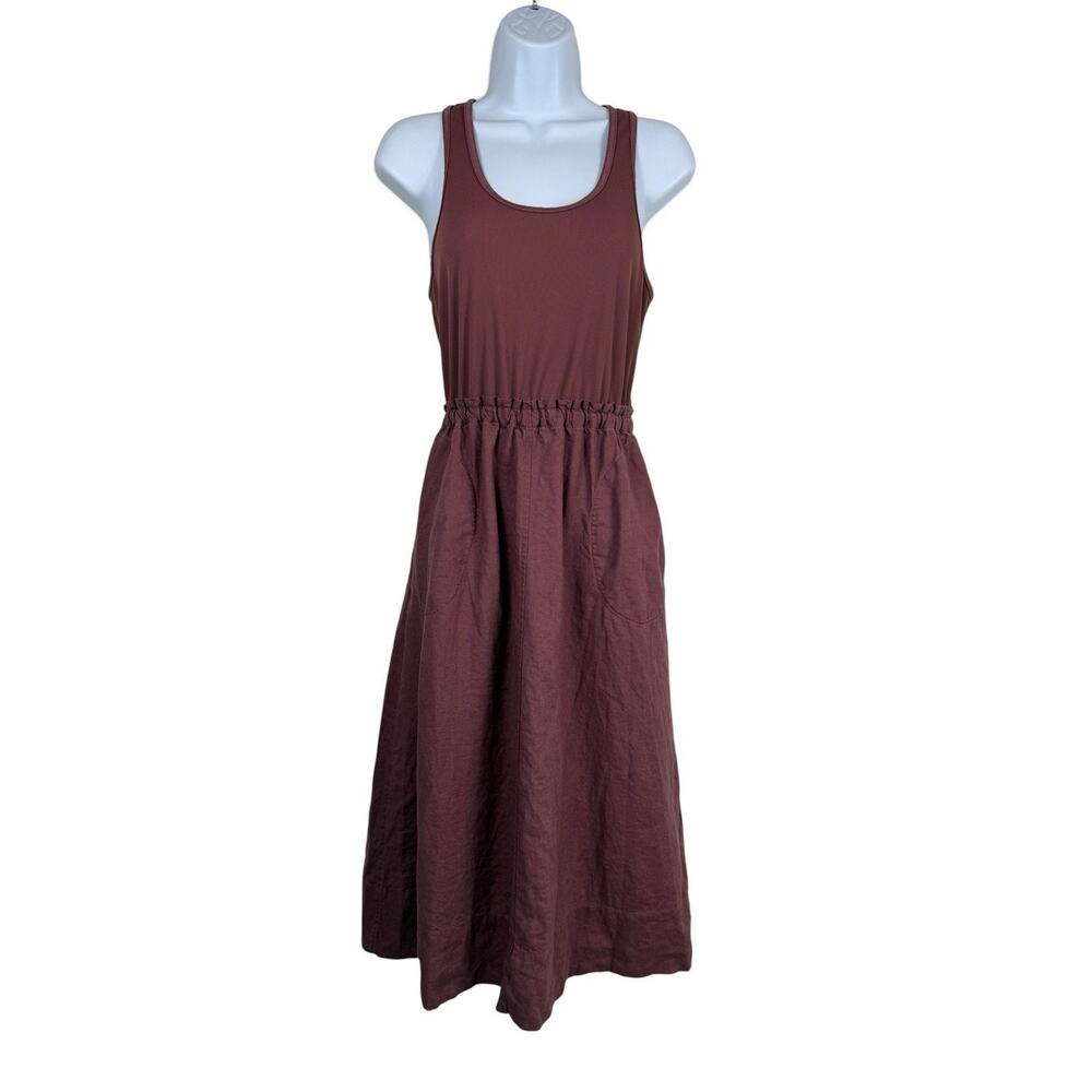 Athleta Dress Womens Extra Small Baja Midi Burgundy Linen Racerback Tank Pockets - Picture 2 of 12